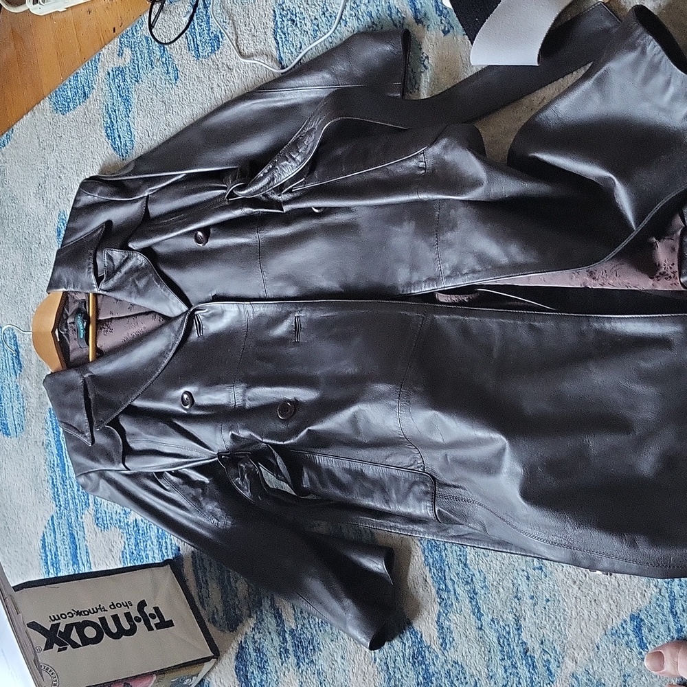 Women's long brown leather trench